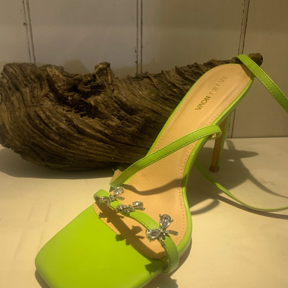 Fashion Nova Neon Green Crystal-Strap Stiletto Sandals